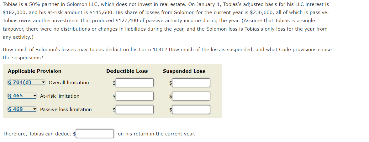 Tobias is a 50% partner in Solomon LLC, which does not invest in real estate. On January 1, Tobias's adjusted basis for his LLC interest is
$182,000, and his at-risk amount is $145,600. His share of losses from Solomon for the current year is $236,600, all of which is passive.
Tobias owns another investment that produced $127,400 of passive activity income during the year. (Assume that Tobias is a single
taxpayer, there were no distributions or changes in liabilities during the year, and the Solomon loss is Tobias's only loss for the year from
any activity.)
How much of Solomon's losses may Tobias deduct on his Form 1040? How much of the loss is suspended, and what Code provisions cause
the suspensions?
Applicable Provision
§ 704(d)
§ 465
§ 469
Overall limitation
At-risk limitation
Passive loss limitation
Therefore, Tobias can deduct $
Deductible Loss
$
$
Suspended Loss
on his return in the current year.