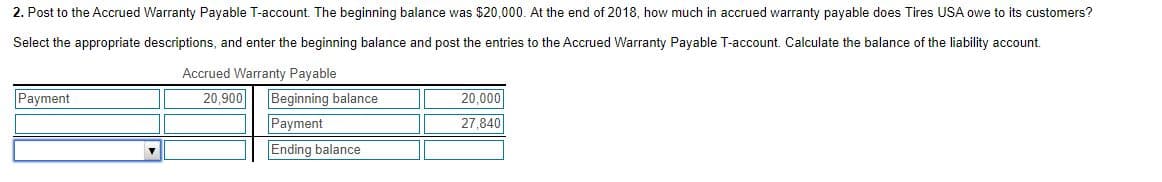 2. Post to the Accrued Warranty Payable T-account. The beginning balance was $20,000. At the end of 2018, how much in accrued warranty payable does Tires USA owe to its customers?
Select the appropriate descriptions, and enter the beginning balance and post the entries to the Accrued Warranty Payable T-account. Calculate the balance of the liability account.
Accrued Warranty Payable
20,900
Payment
Beginning balance
Payment
Ending balance
20,000
27,840