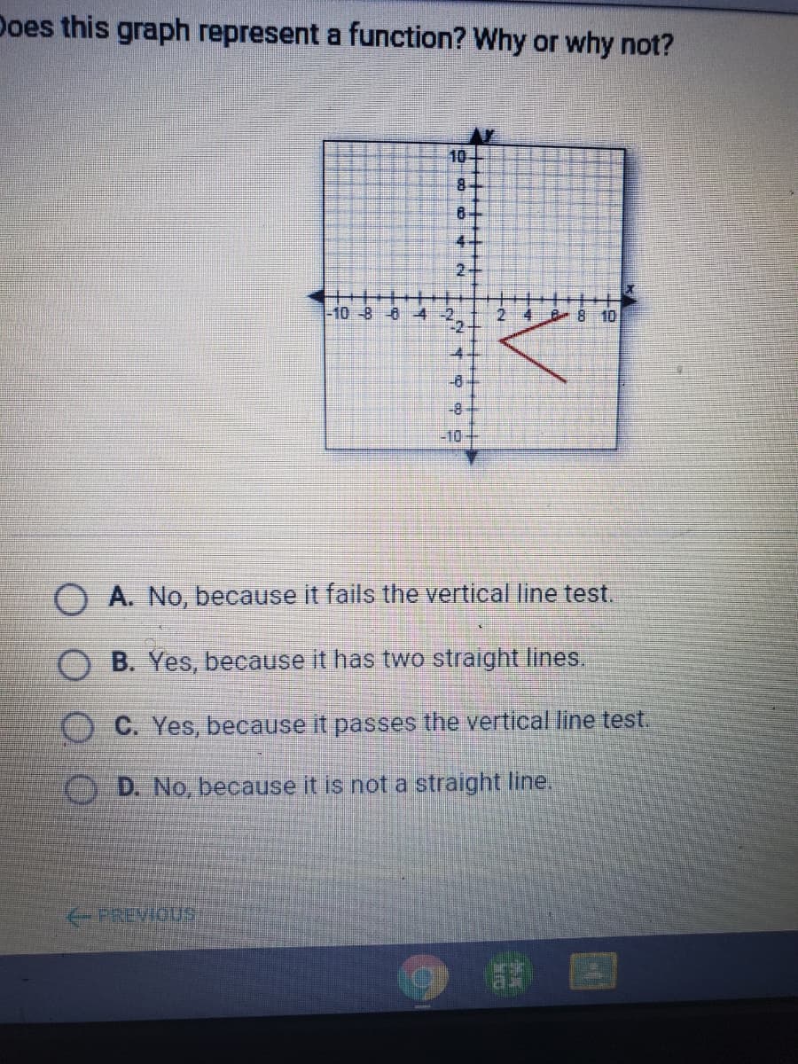 Does this graph represent a function? Why or why not?
10
4.
2.
-10-B -6 -4
4 6 8
10
-4.
-6-
8-
-10
A. No, because it fails the vertical line test.
B. Yes, because it has two straight lines.
C. Yes, because it passes the vertical line test.
O D. No, because it is not a straight line.
PREVIOUS,
圈
244 oo
