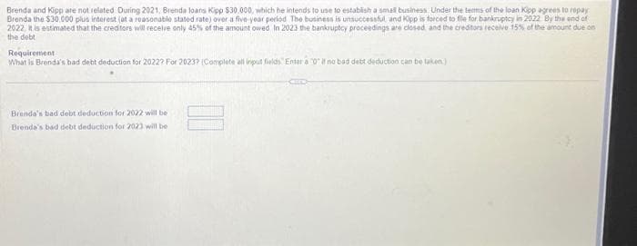 Brenda and Kipp are not related During 2021, Brenda loans Kipp $30,000, which he intends to use to establish a small business Under the terms of the loan Kipp agrees to repay
Brenda the $30,000 plus interest (at a reasonable stated rate) over a five-year period. The business is unsuccessful and Kipp is forced to file for bankruptcy in 2022 By the end of
2022, it is estimated that the creditors will receive only 45% of the amount owed In 2023 the bankruptcy proceedings are closed, and the creditors receive 15% of the amount due on
the debt
Requirement
What is Brenda's bad debt deduction for 2022? For 2023? (Complete all input fields Enter a 0 if no bad debt deduction can be taken)
Brenda's bad debt deduction for 2022 will be
Brenda's bad debt deduction for 2023 will be