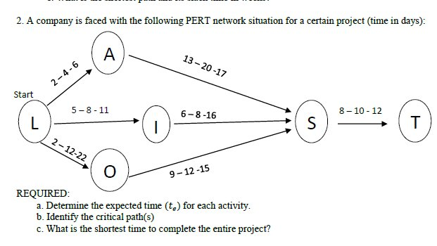 2. A company is faced with the following PERT network situation for a certain project (time in days):
A
13 - 20 -17
2-4-6
Start
5-8- 11
8- 10 - 12
6-8-16
T
L
2-12-22
S
9-12 -15
REQUIRED:
a. Determine the expected time (t,) for each activity.
b. Identify the critical path(s)
c. What is the shortest time to complete the entire project?
