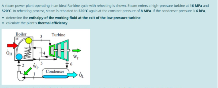 A steam power plant operating in an ideal Rankine cycle with reheating is shown. Steam enters a high-pressure turbine at 16 MPa and
520°C. In reheating process, steam is reheated to 520°C again at the constant pressure of 8 MPa. If the condenser pressure is 6 kPa,
• determine the enthalpy of the working fluid at the exit of the low pressure turbine
• alculate the plant's thermal efficiency
Boiler
Turbine
Condenser
