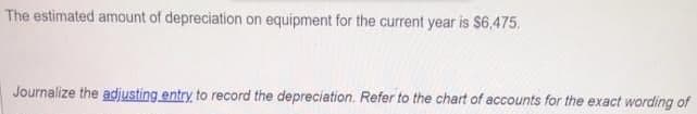 The estimated amount of depreciation on equipment for the current year is $6.475.
Journalize the adjusting entry to record the depreciation. Refer to the chart of accounts for the exact wording of
