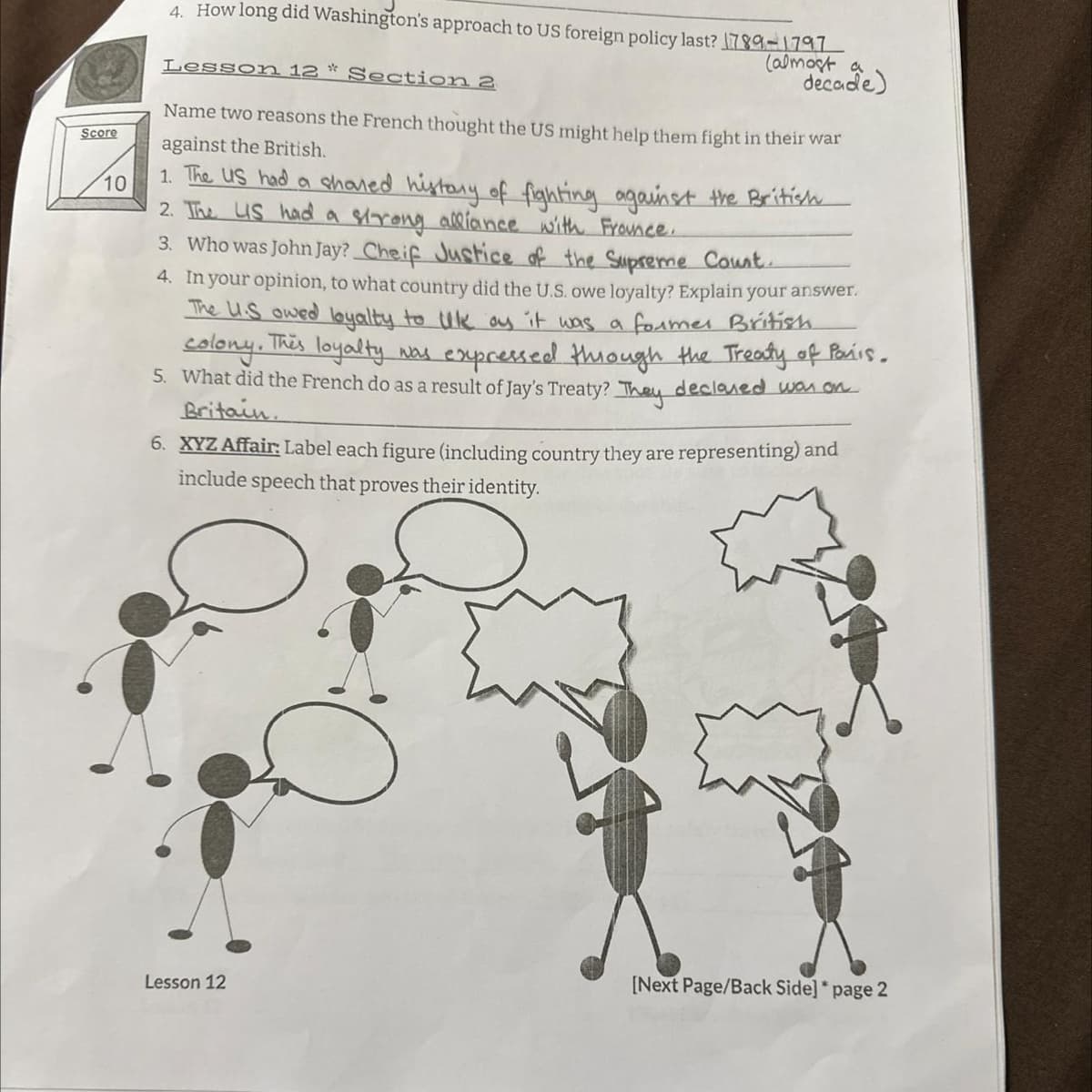 4. How long did Washington's approach to US foreign policy last? 1789-1797
(almost a
decade)
Score
Lesson 12 * Section 2
Name two reasons the French thought the US might help them fight in their war
against the British.
10
1. The US had a shared history of fighting against the British
2. The US had a strong alliance with France.
3. Who was John Jay? Cheif Justice of the Supreme Court.
4. In your opinion, to what country did the U.S. owe loyalty? Explain your answer.
The U.S owed loyalty to lk oy it was a former British
colony. This loyalty was expressed through the Treaty of Paris.
5. What did the French do as a result of Jay's Treaty? They declared was on
Britain.
6. XYZ Affair: Label each figure (including country they are representing) and
include speech that proves their identity.
Lesson 12
[Next Page/Back Side] * page 2