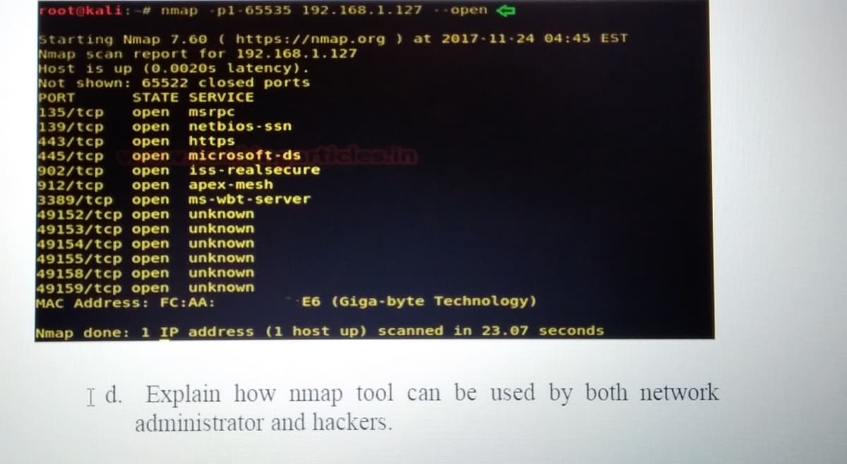 root@kali:-# nmap -pl-65535 192.168.1.127 -- open e
Starting Nmap 7.60 ( https://nmap.org ) at 2017-11-24 04:45 EST
Nmap scan report for 192.168.1.127
Host is up (0.0020s latency).
Not shown: 65522 closed ports
PORT
135/tcp
139/tcp
443/tcp
445/tcp
902/tcp
912/tcp
3389/tcp
49152/tcp open
49153/tcp open
49154/tcp open
49155/tcp open
49158/tcp open
49159/tcp open
MAC Address: FC:AA:
STATE SERVICE
оpen
msrpc
netbios -ssn
open
open
https
microsoft-ds ticles.in
iss-realsecure
оpen
open
open
open
apex-mesh
ms -wbt -server
unknown
unknown
unknown
unknown
unknown
unknown
E6 (Giga-byte Technology)
Nmap done: 1 IP address (1 host up) scanned in 23.07 seconds
I d. Explain how nmap tool can be used by both network
administrator and hackers.
