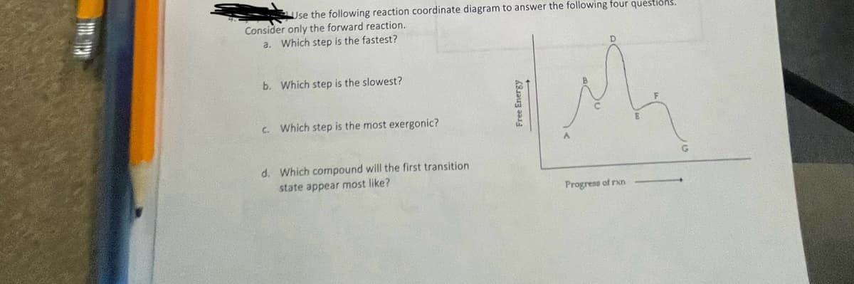 Use the following reaction coordinate diagram to answer the following four questio
Consider only the forward reaction.
a. Which step is the fastest?
b. Which step is the slowest?
c. Which step is the most exergonic?
d. Which compound will the first transition
state appear most like?
Free Energy
Progress of rxn
D
E