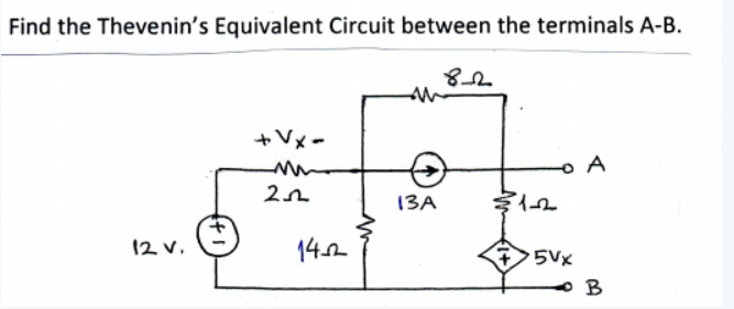 Find the Thevenin's Equivalent Circuit between the terminals A-B.
t Vx-
oA
13A
12 v,
142
金5V×
