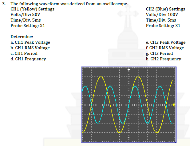 3. The following waveform was derived from an oscilloscope.
CH1 (Yellow) Settings
Volts/Div: 50V
Time/Div: 5ms
Probe Setting: X1
Determine:
a. CH1 Peak Voltage
b. CH1 RMS Voltage
c. CH1 Period
d. CH1 Frequency
CH2 (Blue) Settings
Volts/Div: 100V
Time/Div: 5ms
Probe Setting: X1
e. CH2 Peak Voltage
f. CH2 RMS Voltage
g. CH2 Period
h. CH2 Frequency