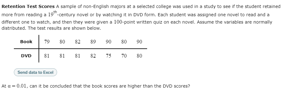 Retention Test Scores A sample of non-English majors at a selected college was used in a study to see if the student retained
more from reading a 19"-century novel or by watching it in DVD form. Each student was assigned one novel to read and a
different one to watch, and then they were given a 100-point written quiz on each novel. Assume the variables are normally
distributed. The test results are shown below.
Book
79
80
82
89
90
80
90
DVD
81 81
81
82
75
70
80
Send data to Excel
At a = 0.01, can it be concluded that the book scores are higher than the DVD scores?
