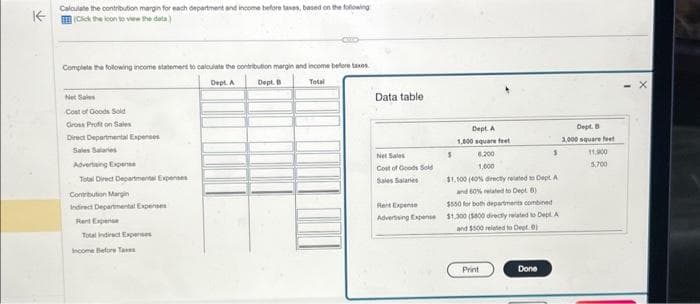 KE
Calculate the contribution margin for each department and income before taxes, based on the following
(Click the icon to view the data)
Complete the following income statement to calculate the contribution margin and income before taxes
Dept. A
Dept. B
Total
Net Sales
Cost of Goods Sold
Gross Profit on Sales
Direct Departmental Expenses
Sales Salaries
Advertising Expense
Total Direct Departmental Expenses
Contribution Margin
Indirect Departmental Expenses
Rent Expense
Total Indirect Expernes
Income Before Taxes
Data table
Dept. A
1.800 square feet
6.200
1,000
$1,100 (40% directly related to Dept A
and 60% related to Dept. 8)
$550 for both departments combined
Advertising Expense $1.300 ($800 directly related to Dept. A
Rent Expense
and $500 related to Dept. 0)
Net Sales
Cost of Goods Sold
Sales Salaries
S
Print
Done
1
Dept. B
3,000 square feet
11,900
5,700