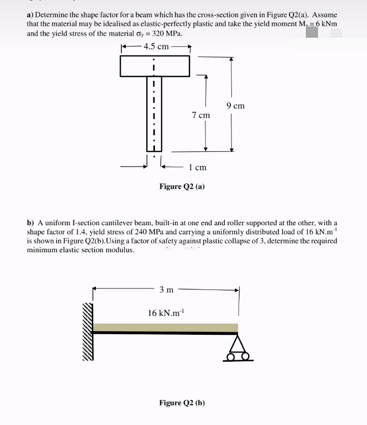 a) Determine the shape factor for a beam which has the cross-section given in Figure Q2(a). Assume
that the material may be idealised as elastic-perfectly plastic and take the yield moment My = 6 kNm
and the yield stress of the material oy = 320 MPa.
4.5 cm
9 cm
7 сm
1 cm
Figure Q2 (a)
b) A uniform I-section cantilever beam, built-in at one end and roller supported at the other, with a
shape factor of 1.4, yield stress of 240 MPa and carrying a uniformly distributed load of 16 kN.m
is shown in Figure Q2(b).Using a factor of safety against plastic collapse of 3, determine the required
minimum elastic section modulus.
3 m
16 kN.m
Figure Q2 (b)
