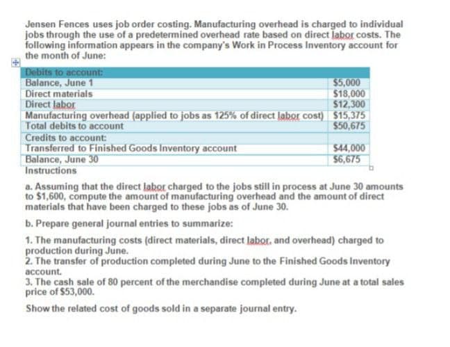 Jensen Fences uses job order costing. Manufacturing overhead is charged to individual
jobs through the use of a predetermined overhead rate based on direct labor costs. The
following information appears in the company's Work in Process Inventory account for
the month of June:
Debits to account:
Balance, June 1
Direct materials
Direct labor
$5,000
$18,000
$12,300
Manufacturing overhead (applied to jobs as 125% of direct labor cost) $15,375
Total debits to account
Credits to account:
Transferred to Finished Goods Inventory account
Balance, June 30
Instructions
$50,675
$44,000
$6,675
a. Assuming that the direct labor charged to the jobs still in process at June 30 amounts
to $1,600, compute the amount of manufacturing overhead and the amount of direct
materials that have been charged to these jobs as of June 30.
b. Prepare general journal entries to summarize:
1. The manufacturing costs (direct materials, direct labor, and overhead) charged to
production during June.
2. The transfer of production completed during June to the Finished Goods Inventory
account.
3. The cash sale of 80 percent of the merchandise completed during June at a total sales
price of $53,000.
Show the related cost of goods sold in a separate journal entry.