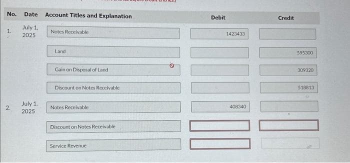 No. Date
1.
2.
July 1,
2025
July 1,
2025
Account Titles and Explanation
Notes Receivable
Land
Gain on Disposal of Land
Discount on Notes Receivable
Notes Receivable
Discount on Notes Receivable
Service Revenue
Debit
1423433
408340
Credit
595300
309320
518813