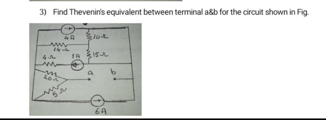 3) Find Thevenin's equivalent between terminal a&b for the circuit shown in Fig.
4A
14 JL
1A 15L
202
6A
