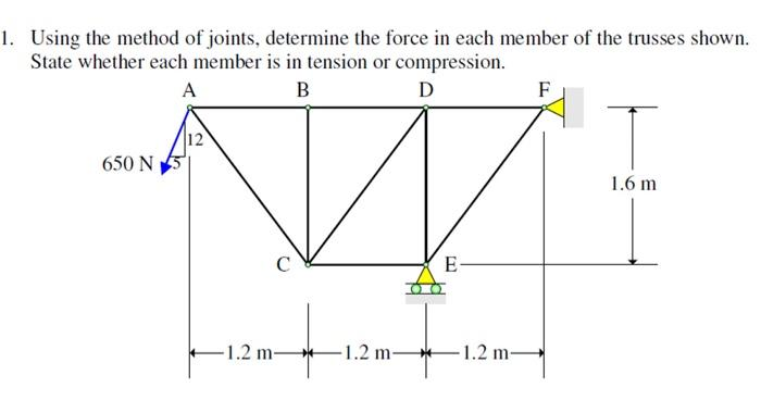 1. Using the method of joints, determine the force in each member of the trusses shown.
State whether each member is in tension or compression.
A
B
D
650 N
12
-1.2 m-
-1.2 m-
E
1.2 m-
F
T
1.6 m