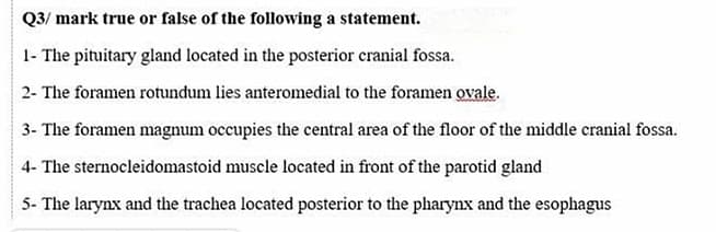 Q3/ mark true or false of the following a statement.
1- The pituitary gland located in the posterior cranial fossa.
2- The foramen rotundum lies anteromedial to the foramen ovale.
3- The foramen magnum occupies the central area of the floor of the middle cranial fossa.
4- The sternocleidomastoid muscle located in front of the parotid gland
5- The larynx and the trachea located posterior to the pharynx and the esophagus
