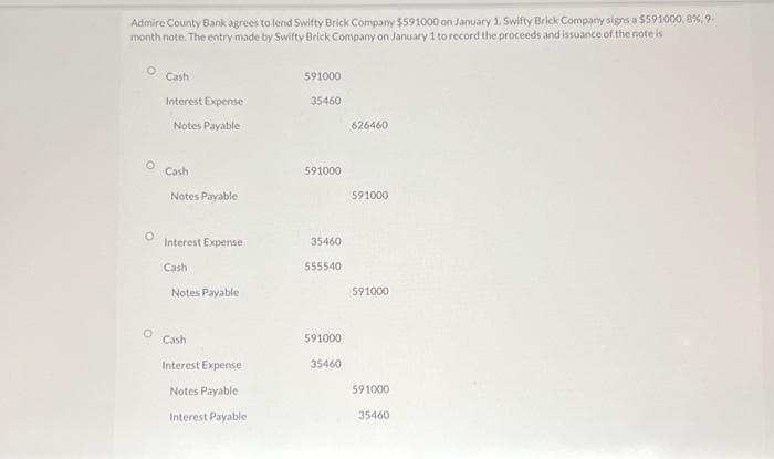 Admire County Bank agrees to lend Swifty Brick Company $591000 on January 1. Swifty Brick Company signs a $591000, 8%, 9-
month note. The entry made by Swifty Brick Company on January 1 to record the proceeds and issuance of the note is
O
O
Cash
Interest Expense
Notes Payable
Cash
Notes Payable
Interest Expense
Cash
Notes Payable
Cash
Interest Expense
Notes Payable
Interest Payable
591000
35460
591000
35460
555540
591000
35460
626460
591000
591000
591000
35460