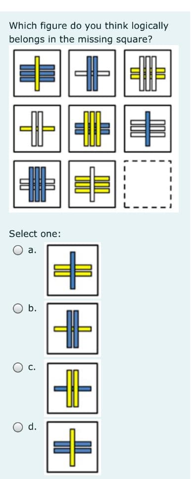 Which figure do you think logically
belongs in the missing square?
Select one:
O a.
