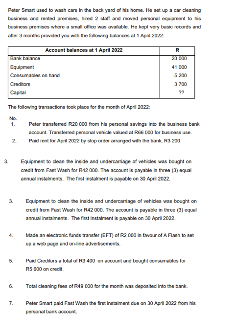 Peter Smart used to wash cars in the back yard of his home. He set up a car cleaning
business and rented premises, hired 2 staff and moved personal equipment to his
business premises where a small office was available. He kept very basic records and
after 3 months provided you with the following balances at 1 April 2022:
Account balances at 1 April 2022
R
Bank balance
23 000
Equipment
41 000
Consumables on hand
5 200
Creditors
3 700
Capital
??
The following transactions took place for the month of April 2022:
No.
1.
Peter transferred R20 000 from his personal savings into the business bank
account. Transferred personal vehicle valued at R66 000 for business use.
2.
Paid rent for April 2022 by stop order arranged with the bank, R3 200.
3.
Equipment to clean the inside and undercarriage of vehicles was bought on
credit from Fast Wash for R42 000. The account is payable in three (3) equal
annual instalments. The first instalment is payable on 30 April 2022.
3.
Equipment to clean the inside and undercarriage of vehicles was bought on
credit from Fast Wash for R42 000. The account is payable in three (3) equal
annual instalments. The first instalment is payable on 30 April 2022.
4.
Made an electronic funds transfer (EFT) of R2 000 in favour of A Flash to set
up a web page and on-line advertisements.
5.
Paid Creditors a total of R3 400 on account and bought consumables for
R5 600 on credit.
6.
Total cleaning fees of R49 000 for the month was deposited into the bank.
7.
Peter Smart paid Fast Wash the first instalment due on 30 April 2022 from his
personal bank account.
