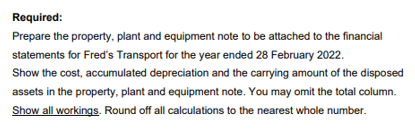 Required:
Prepare the property, plant and equipment note to be attached to the financial
statements for Fred's Transport for the year ended 28 February 2022.
Show the cost, accumulated depreciation and the carrying amount of the disposed
assets in the property, plant and equipment note. You may omit the total column.
Show all workings. Round off all calculations to the nearest whole number.