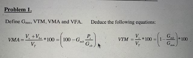 Problem 1.
Define Gmm, VTM, VMA and VFA.
VMA=
V₁ + V be
V₁
be *100= 100-Gmb
Deduce the following equations:
P.
Gsb
VTM
G
-100-(1-6)-100
G m.m