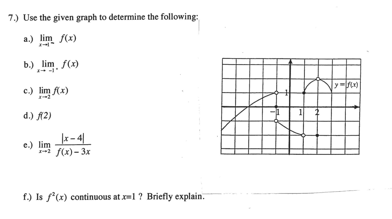 .) Use the given graph to determine the following:
a.) lim f(x)
b.) lim f(x)
x- -1*
y=f(x)
с.) lim f(x)
x→2
d.) f(2)
x- 4|
е.) lim
x-+2 f(x)– 3x
f.) Is f*(x) continuous at x=1 ? Briefly explain.
