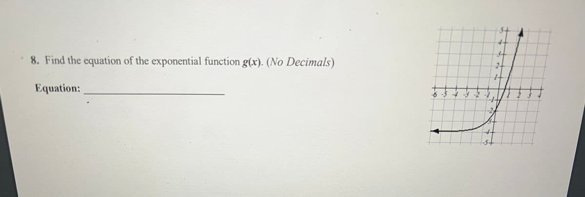 8. Find the equation of the exponential function g(x). (No Decimals)
Equation:
-6-5-4-3-2
-2
Ist
3-
23