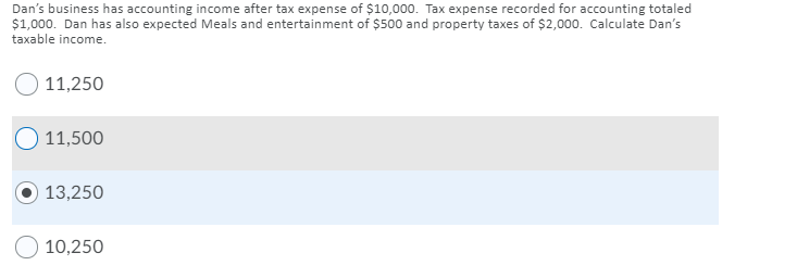 Dan's business has accounting income after tax expense of $10,000. Tax expense recorded for accounting totaled
$1,000. Dan has also expected Meals and entertainment of $500 and property taxes of $2,000. Calculate Dan's
taxable income.
11,250
11,500
13,250
10,250