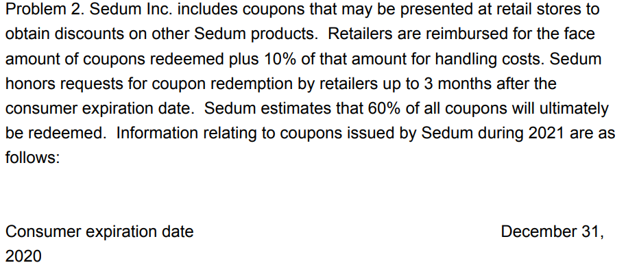 Problem 2. Sedum Inc. includes coupons that may be presented at retail stores to
obtain discounts on other Sedum products. Retailers are reimbursed for the face
amount of coupons redeemed plus 10% of that amount for handling costs. Sedum
honors requests for coupon redemption by retailers up to 3 months after the
consumer expiration date. Sedum estimates that 60% of all coupons will ultimately
be redeemed. Information relating to coupons issued by Sedum during 2021 are as
follows:
Consumer expiration date
2020
December 31,