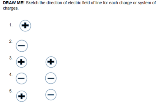 DRAW ME! Sketch the direction of electric field of line for each charge or system of
charges.
1.
3.
5.
2.
