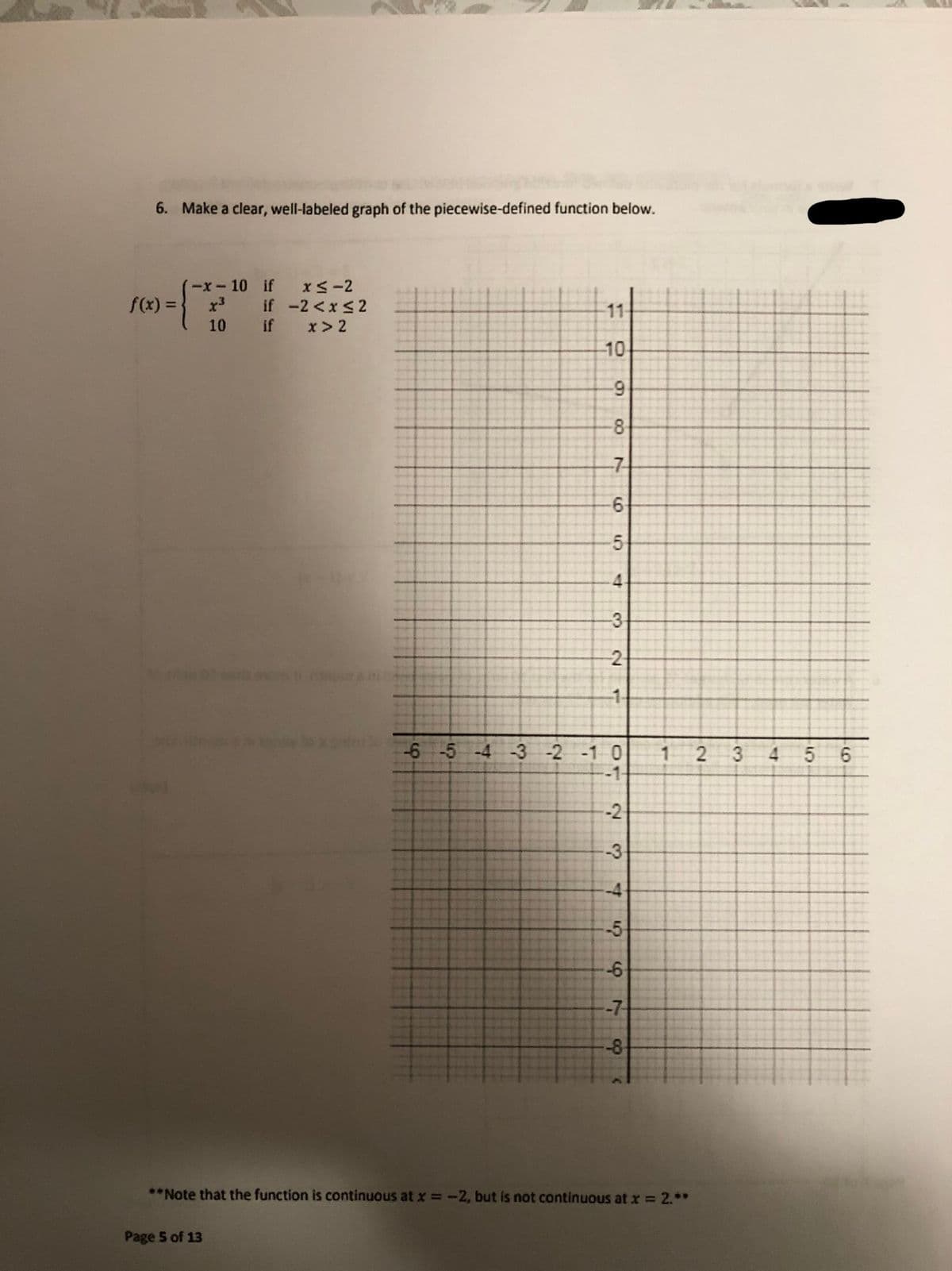 6. Make a clear, well-labeled graph of the piecewise-defined function below.
-x-10 if xS-2
x if -2<x<2
10 if x > 2
f(x) =
11-
-10
8
-7
6
-4
-3-
2
-6-5 -4 -3 -2 -10
1.
3
9.
-1
-3
-4
-7
-
-8
**Note that the function is continuous at x =-2, but is not continuous at x = 2.**
Page 5 of 13
2.
9,
7,
1.
2.
5-
