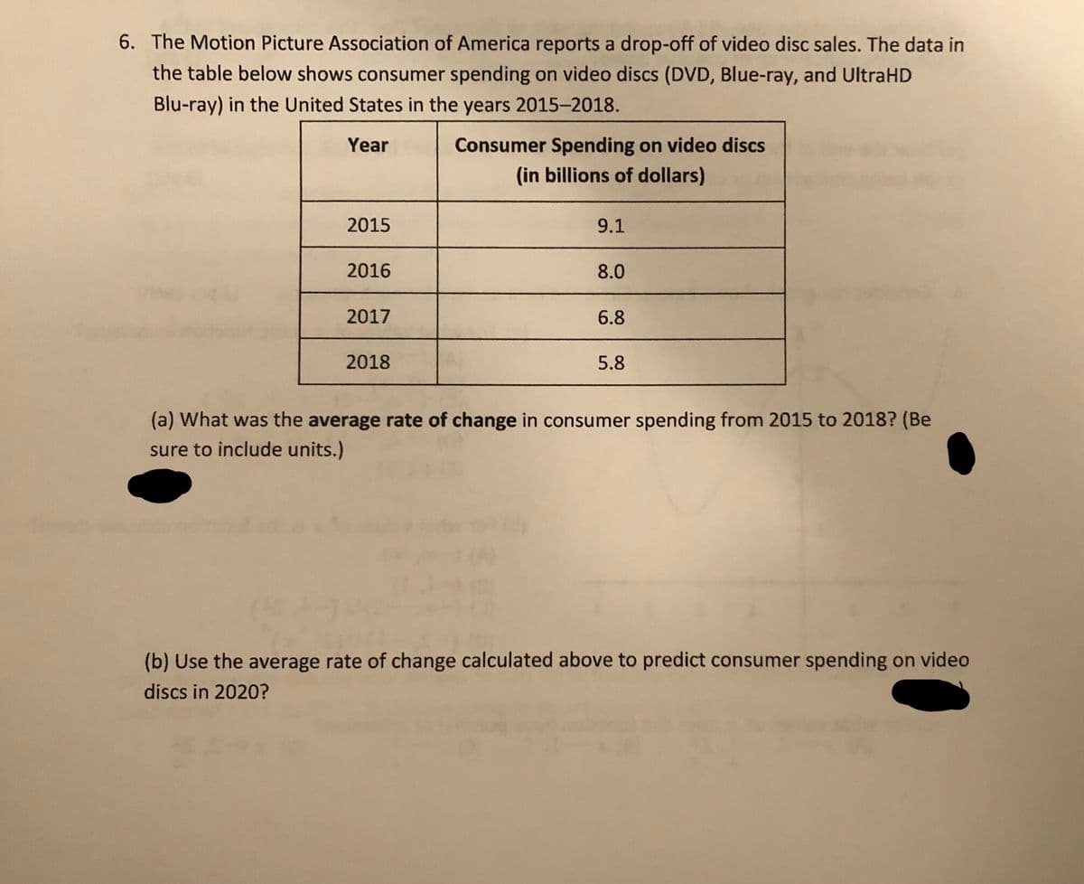 6. The Motion Picture Association of America reports a drop-off of video disc sales. The data in
the table below shows consumer spending on video discs (DVD, Blue-ray, and UltraHD
Blu-ray) in the United States in the years 2015-2018.
Year
Consumer Spending on video discs
(in billions of dollars)
2015
9.1
2016
8.0
2017
6.8
2018
5.8
(a) What was the average rate of change in consumer spending from 2015 to 2018? (Be
sure to include units.)
(b) Use the average rate of change calculated above to predict consumer spending on video
discs in 2020?
