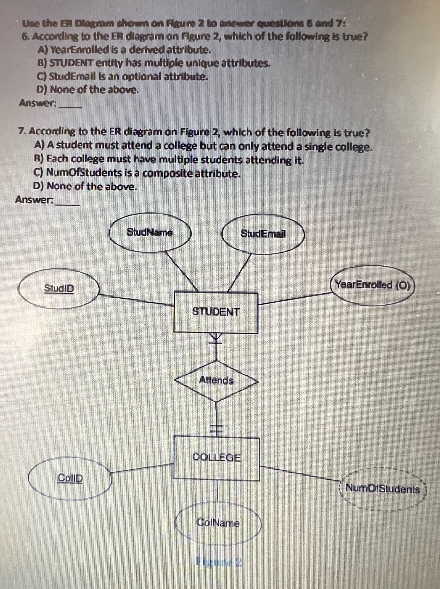 Use the ER Diagram shown on Figure 2 to anewer questions 6 and 7:
6. According to the ER diagram on Figure 2, which of the following is true?
A) YearEnrolled is a derived attribute.
B) STUDENT entity has multiple unique attributes.
C) StudEmail is an optional attribute.
D) None of the above.
Answer:
7. According to the ER diagram on Figure 2, which of the following is true?
A) A student must attend a college but can only attend a single college.
B) Each college must have multiple students attending it.
C) NumOfStudents is a composite attribute.
D) None of the above.
Answer:
StudiD
CollD
StudName
STUDENT
Allends
COLLEGE
ColName
StudEmail
***
YearEnrolled (0)
NumOIStudents