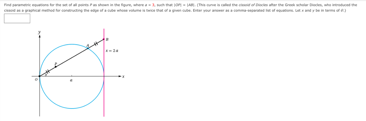 Find parametric equations for the set of all points P as shown in the figure, where a = 3, such that |OP| = |AB|. (This curve is called the cissoid of Diocles after the Greek scholar Diocles, who introduced the
cissoid as a graphical method for constructing the edge of a cube whose volume is twice that of a given cube. Enter your answer as a comma-separated list of equations. Let x and y be in terms of 0.)
x = 2a
Ø
B