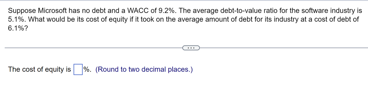 Suppose Microsoft has no debt and a WACC of 9.2%. The average debt-to-value ratio for the software industry is
5.1%. What would be its cost of equity if it took on the average amount of debt for its industry at a cost of debt of
6.1%?
The cost of equity is%. (Round to two decimal places.)