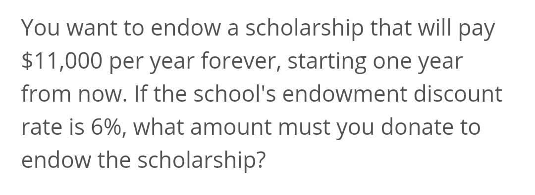 You want to endow a scholarship that will pay
$11,000 per year forever, starting one year
from now. If the school's endowment discount
rate is 6%, what amount must you donate to
endow the scholarship?
