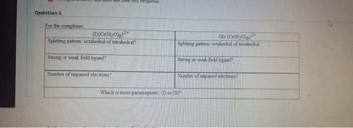 Will save tIs resporse
Question 5
For the complexes
Splitting pattern: octabedral of tetrahedral?
Splitting pattern: octahedral of tetrahedral
Strong or weak field ligand?
Strong or weak field ligand?
Number of unpaired electrons?
Number of unpaired electrons?
Which is more paramagnetic, (1) or (1)?
