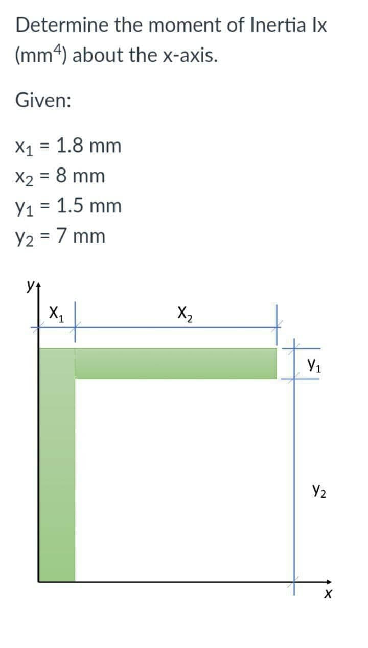 Determine the moment of Inertia Ix
(mm) about the x-axis.
Given:
X₁ = 1.8 mm
X₂ = 8 mm
Y₁ = 1.5 mm
Y₂ = 7 mm
X₁
У1
X₂
Y₂
X