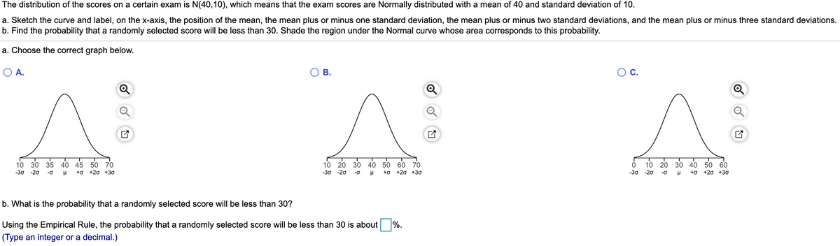 The distribution of the scores on a certain exam is N(40,10), which means that the exam scores are Normally distributed with a mean of 40 and standard deviation of 10.
a. Sketch the curve and label, on the x-axis, the position of the mean, the mean plus or minus one standard deviation, the mean plus or minus two standard deviations, and the mean plus or minus three standard deviations.
b. Find the probability that a randomly selected score will be less than 30. Shade the region under the Normal curve whose area corresponds to this probability.
a. Choose the correct graph below.
OA.
В.
Oc.
10 30
35
40 45
50 70
+20 +30
10 20
30
40
50
60 70
10 20
30
50
40
60
+20 +30
-30
-20
-0
+o
-3σ -2σ
+o
+20 +30
-30
-20
-0
+o
b. What is the probability that a randomly selected score will be less than 30?
Using the Empirical Rule, the probability that a randomly selected score will be less than 30 is about
%.
(Type an integer or a decimal.)
