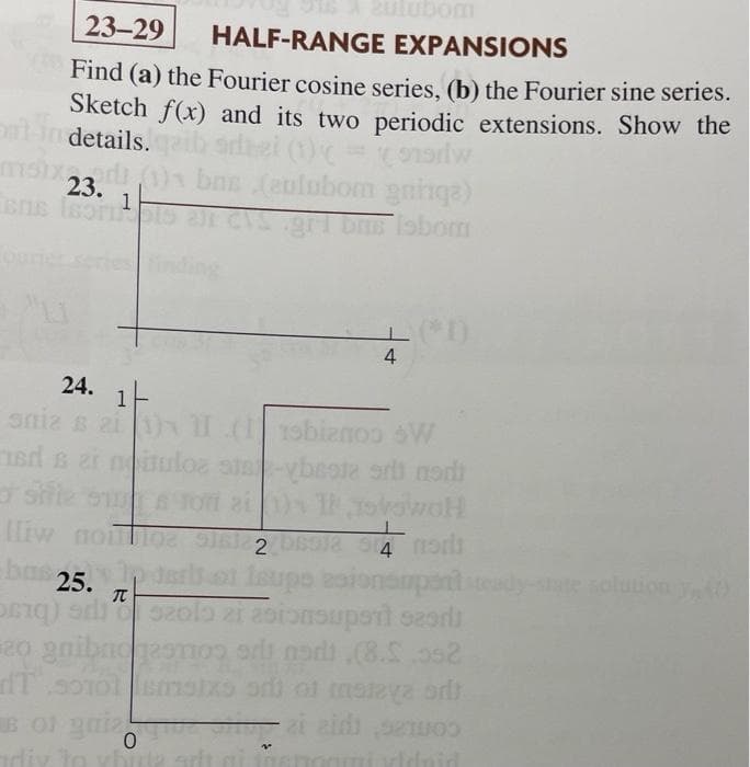 23-29
HALF-RANGE EXPANSIONS
Find (a) the Fourier cosine series, (b) the Fourier sine series.
Sketch f(x) and its two periodic extensions. Show the
in details.
onariw
msixdi (1) bus
23.
bns
sns isori
1
IS
(eulubom gringa)
gri bms lsbom
24. 1
snia & 211) 11 (1sbianoo SW
sds ei muloa
noi
bas 25.
4
-boa
shile sun TOT 2) 1 Toowol
Iliw noios Sjal 2 besla
elp der
TU
Song) S
4 or
leupo esionempent steady-state solution y(t)
szolo zi asionsuport szeri
20 gnibno
si nodi (8.S.552
IT sorolms sd of mstava srl
sol gaizai aid se
0
diy to vhine srit ail
yldaid