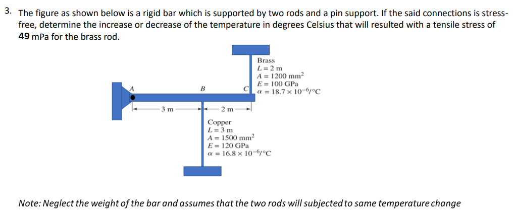 3. The figure as shown below is a rigid bar which is supported by two rods and a pin support. If the said connections is stress-
free, determine the increase or decrease of the temperature in degrees Celsius that will resulted with a tensile stress of
49 mPa for the brass rod.
Brass
L= 2 m
A = 1200 mm?
E = 100 GPa
C
a = 18,7 x 10-6/°C
В
3 m
2 m
Copper
L= 3 m
A = 1500 mm?
E = 120 GPa
a = 16.8 x 10-6/°C
Note: Neglect the weight of the bar and assumes that the two rods will subjected to same temperature change
