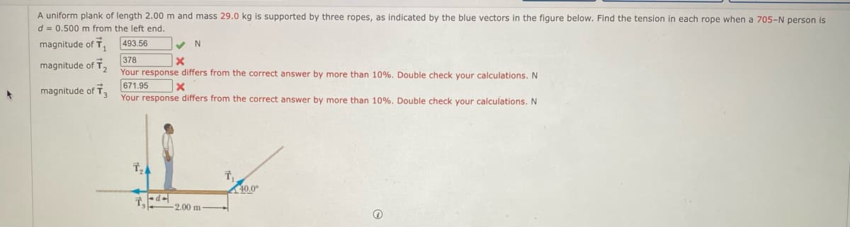 A uniform plank of length 2.00 m and mass 29.0 kg is supported by three ropes, as indicated by the blue vectors in the figure below. Find the tension in each rope when a 705-N person is
d = 0.500 m from the left end.
magnitude of T,
493.56
378
Your response differs from the correct answer by more than 10%, Double check your calculations. N
671.95
Your response differs from the correct answer by more than 10%, Double check your calculations. N
magnitude of T.
magnitude of T,
40.0°
-2.00 m
