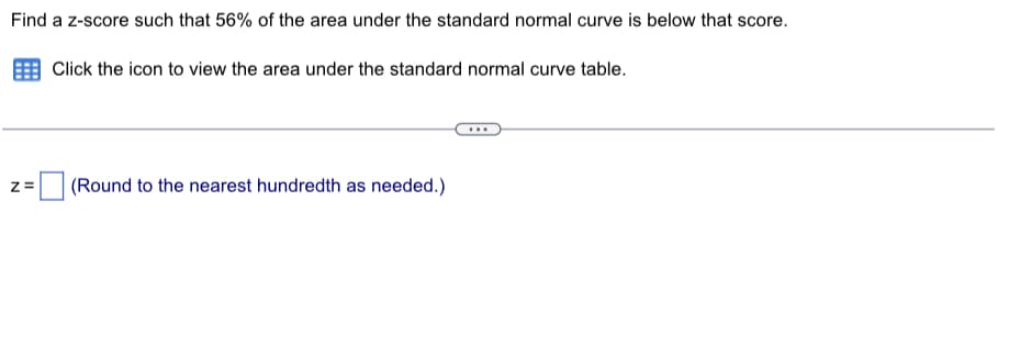 Find a z-score such that 56% of the area under the standard normal curve is below that score.
Z=
Click the icon to view the area under the standard normal curve table.
(Round to the nearest hundredth as needed.)