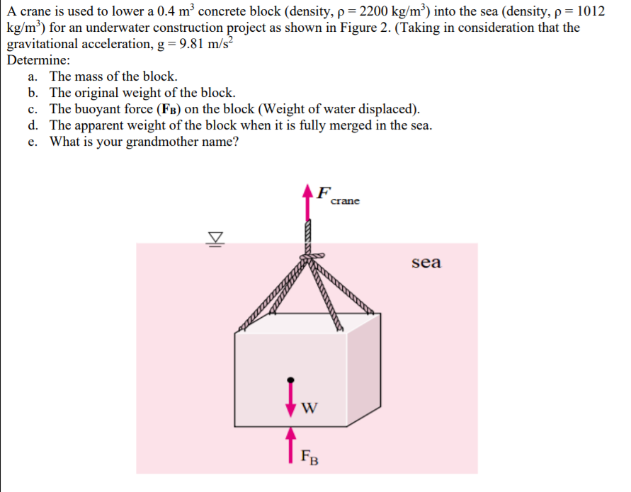 A crane is used to lower a 0.4 m³ concrete block (density, p = 2200 kg/m³) into the sea (density, p = 1012
kg/m³) for an underwater construction project as shown in Figure 2. (Taking in consideration that the
gravitational acceleration, g= 9.81 m/s²
Determine:
a. The mass of the block.
b. The original weight of the block.
c. The buoyant force (FB) on the block (Weight of water displaced).
d. The apparent weight of the block when it is fully merged in the sea.
e. What is your grandmother name?
F
crane
sea
W
FB
