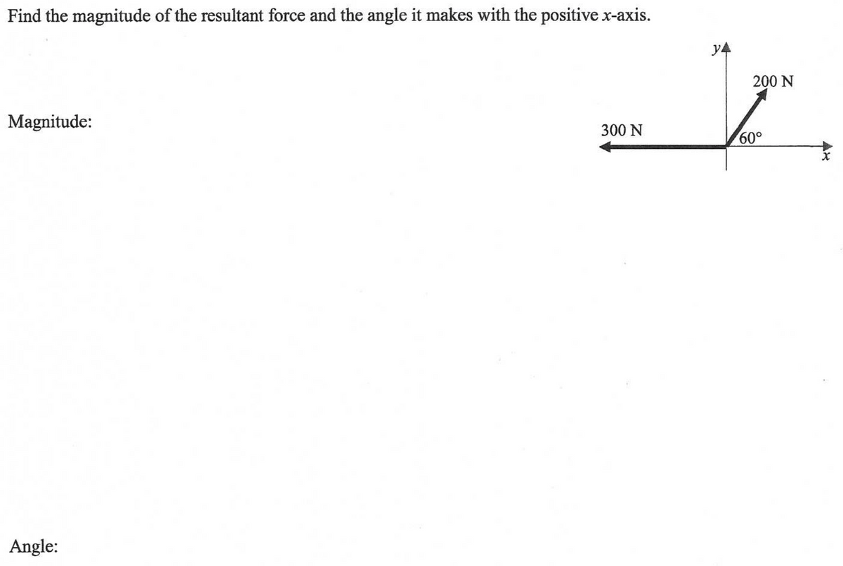 Find the magnitude of the resultant force and the angle it makes with the positive x-axis.
y4
200 N
Magnitude:
300 N
60°
Angle:
