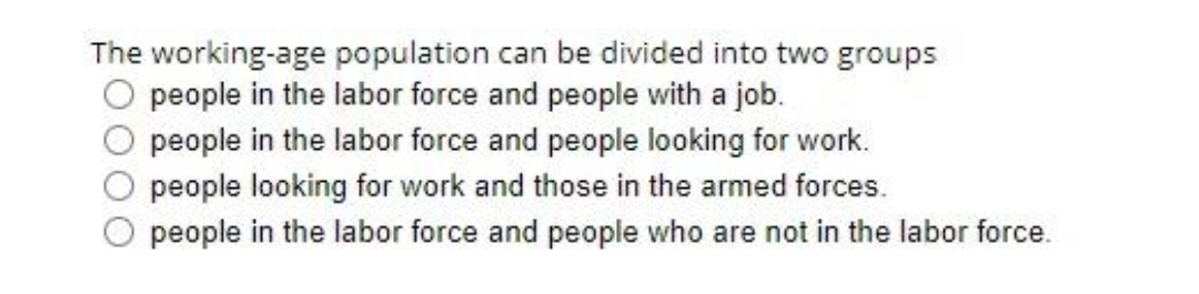 The working-age population can be divided into two groups
O people in the labor force and people with a job.
people in the labor force and people looking for work.
O people looking for work and those in the armed forces.
people in the labor force and people who are not in the labor force.
