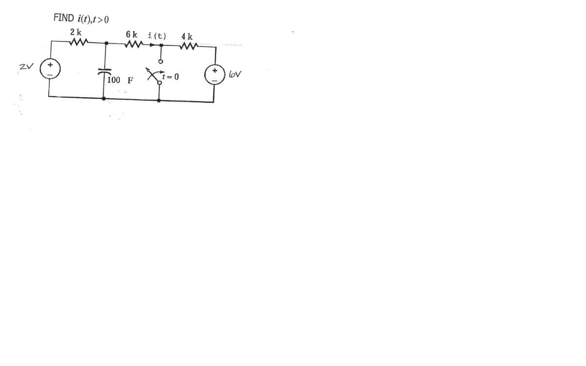 ZV
FIND i(t),t>0
2 k
6k i(t)
m
100 F
t = 0
4 k
6ov