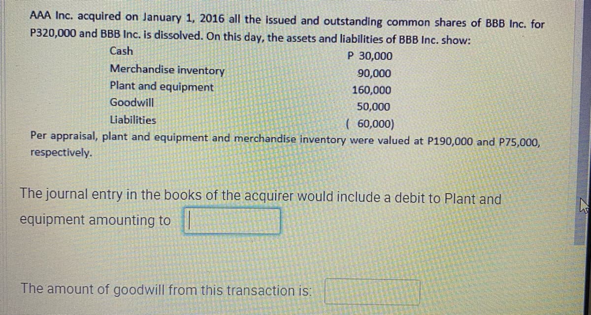 AAA Inc. acquired on January 1, 2016 all the issued and outstanding common shares of BBB Inc. for
P320,000 and BBB Inc. is dissolved. On this day, the assets and liabilities of BBB Inc. show:
Cash
P 30,000
Merchandise inventory
90,000
Plant and equipment
160,000
Goodwill
50,000
Liabilities
( 60,000)
Per appraisal, plant and equipment and merchandise inventory were valued at P190,000 and P75,000,
respectively.
The journal entry in the books of the acquirer would include a debit to Plant and
equipment amounting to
The amount of goodwill from this transaction is:
