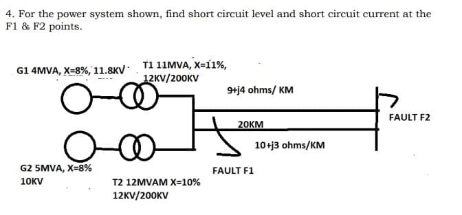 4. For the power system shown, find short circuit level and short circuit current at the
F1 & F2 points.
T1 11MVA, X=1%,
12KV/200KV
G1 4MVA, X=8%, 11.8KV
9tj4 ohms/ KM
FAULT F2
20км
10+j3 ohms/KM
G2 5MVA, X=8%
FAULT F1
10KV
T2 12MVAM X=10%
12KV/200KV
