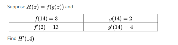 Suppose H(x) = f(g(x)) and
f(14) = 3
f' (2) = 13
9(14) = 2
d (14) = 4
Find H' (14)
